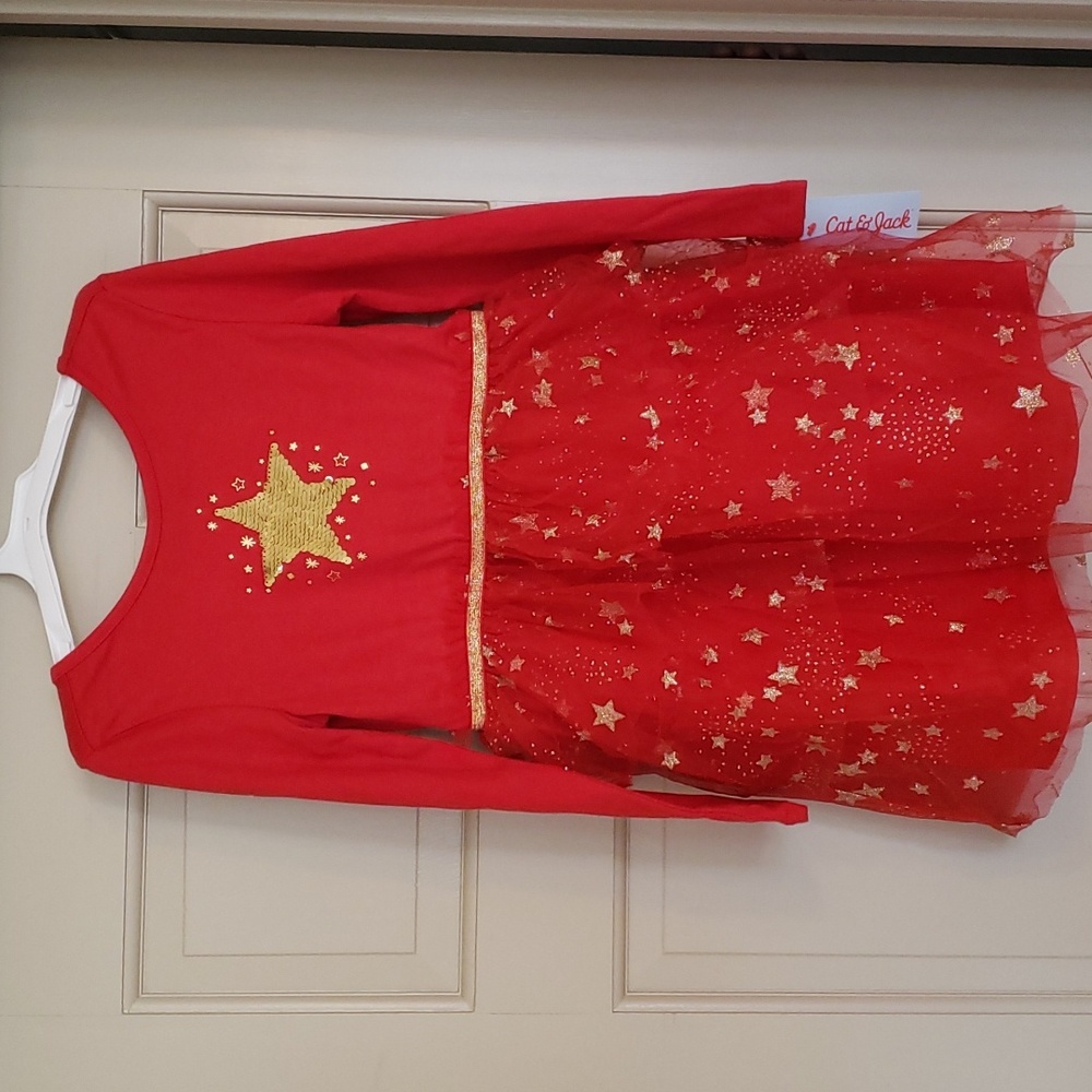 Cat & Jack red tulle & gold/silver stars dress size S (6/7)